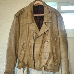 VTG YKK Light Tan Zippers Heavy Duty Lace Up Moto Leather Jacket w/ Belt Mens 2X